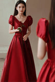 solvbao Red V-Neck Satin Long Prom Dress, A-Line Evening Dress