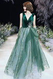 solvbao Green Velvet Tulle Long Prom Dresses, V-Neck Green Evening Dresses