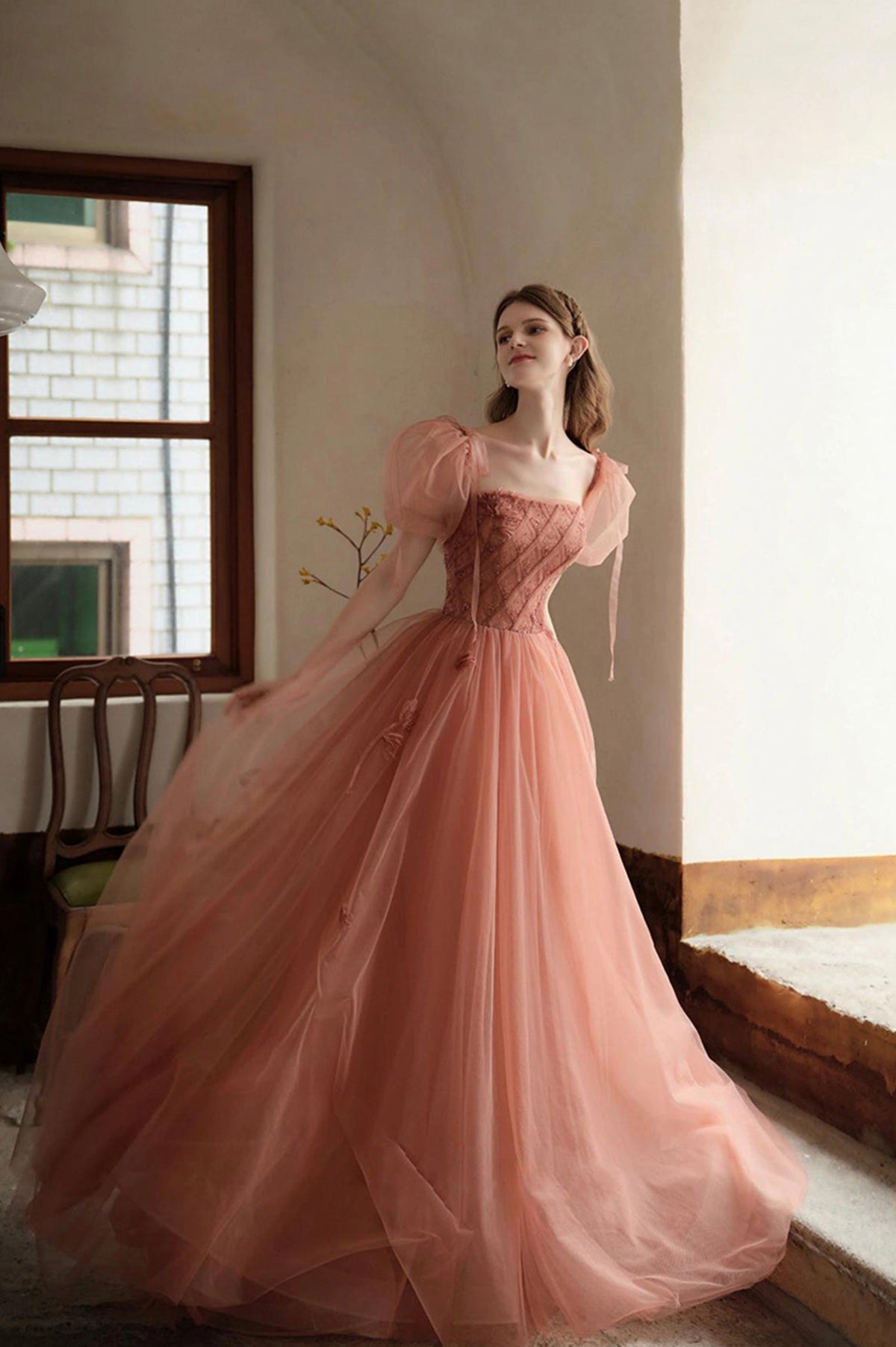 solvbao Cute Tulle Long Prom Dress, A-Line Tulle Evening Party Dress