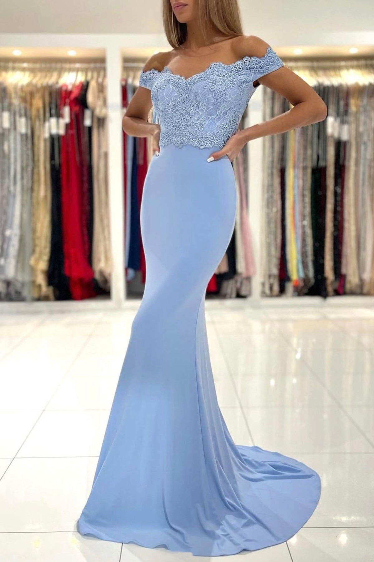 solvbao Blue Lace Long Mermaid Prom Dress, Off the Shoulder Evening Dress