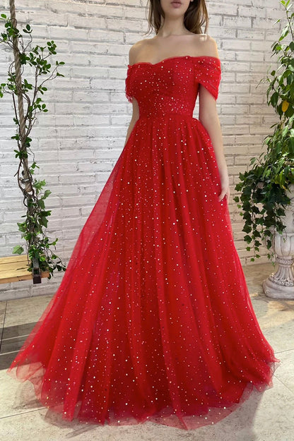 solvbao Red Tulle Off the Shoulder Prom Dress, A-Line Evening Dress