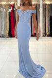 solvbao Blue Lace Long Mermaid Prom Dress, Off the Shoulder Evening Dress