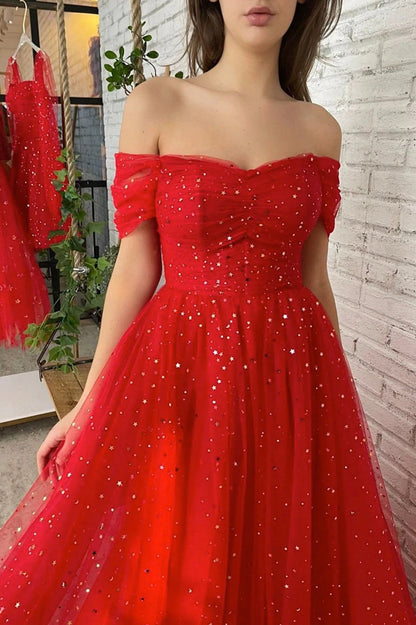 solvbao Red Tulle Off the Shoulder Prom Dress, A-Line Evening Dress