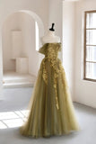 solvbao Green Tulle Long Prom Dresses, A-Line Off the Shoulder Evening Dresses