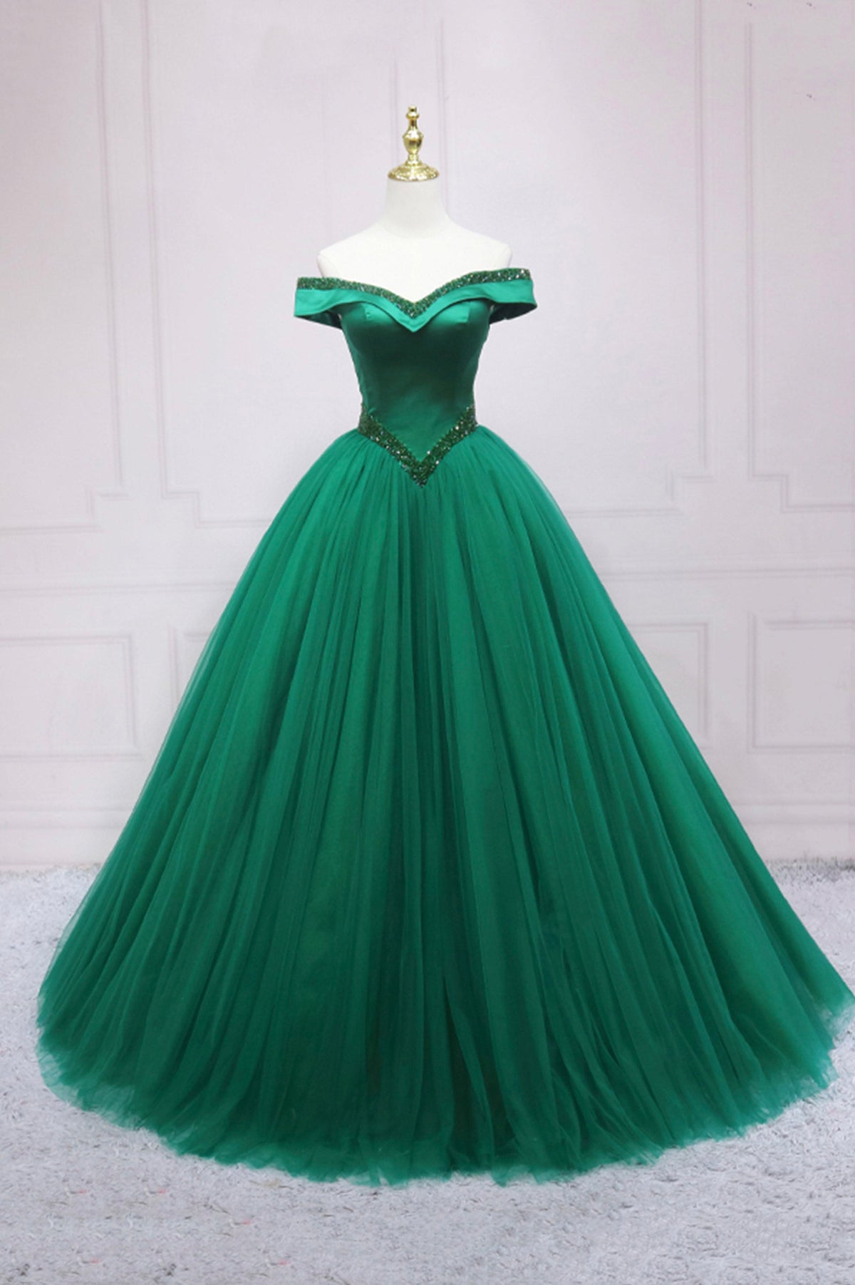 solvbao Green Tulle Long A-Line Ball Gown, Off the Shoulder Evening Dress