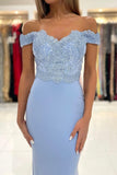 solvbao Blue Lace Long Mermaid Prom Dress, Off the Shoulder Evening Dress