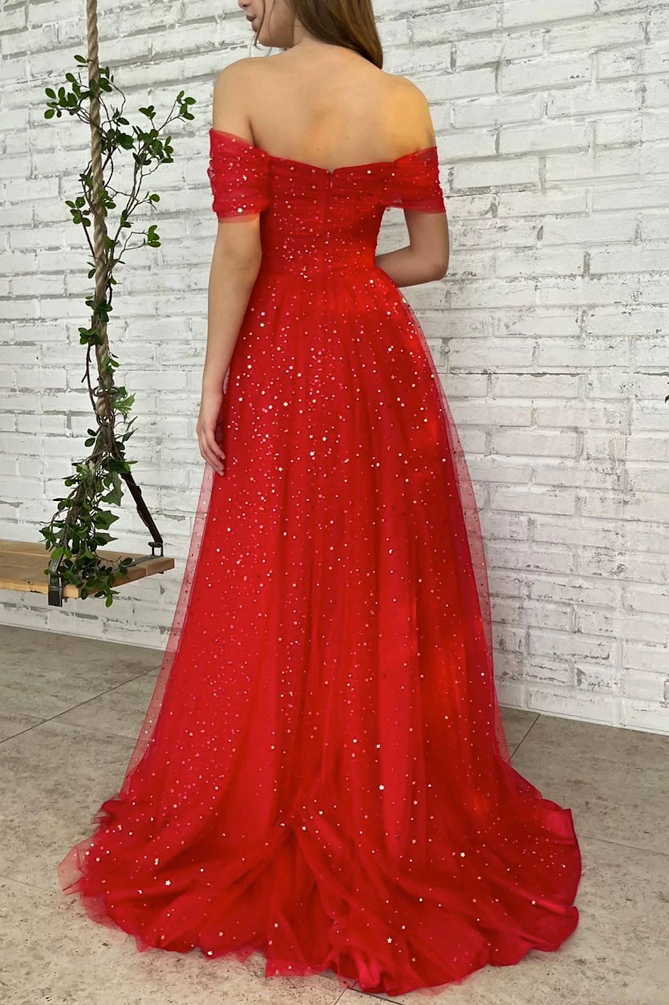 solvbao Red Tulle Off the Shoulder Prom Dress, A-Line Evening Dress