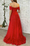 solvbao Red Tulle Off the Shoulder Prom Dress, A-Line Evening Dress