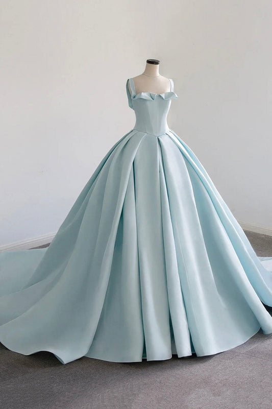 solvbao Blue Satin Long A-Line Ball Gown, Blue Evening Gown with Train