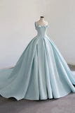 solvbao Blue Satin Long A-Line Ball Gown, Blue Evening Gown with Train