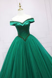 solvbao Green Tulle Long A-Line Ball Gown, Off the Shoulder Evening Dress