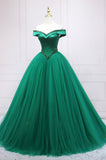 solvbao Green Tulle Long A-Line Ball Gown, Off the Shoulder Evening Dress