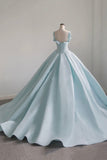 solvbao Blue Satin Long A-Line Ball Gown, Blue Evening Gown with Train