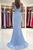 solvbao Blue Lace Long Mermaid Prom Dress, Off the Shoulder Evening Dress