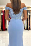 solvbao Blue Lace Long Mermaid Prom Dress, Off the Shoulder Evening Dress