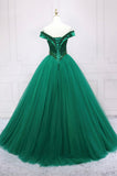 solvbao Green Tulle Long A-Line Ball Gown, Off the Shoulder Evening Dress