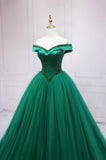 solvbao Green Tulle Long A-Line Ball Gown, Off the Shoulder Evening Dress