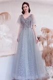 solvbao Gray V-Neck Tulle Sequins Long Prom Dresses, A-Line Evening Dresses