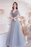 solvbao Gray V-Neck Tulle Sequins Long Prom Dresses, A-Line Evening Dresses