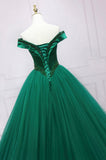 solvbao Green Tulle Long A-Line Ball Gown, Off the Shoulder Evening Dress