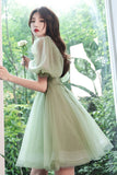 solvbao Green Tulle Short Prom Dress, Green A-Line Short Sleeve Party Dress