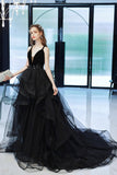 solvbao Black Tulle Lace Long Prom Dress, A-Line Evening Dress