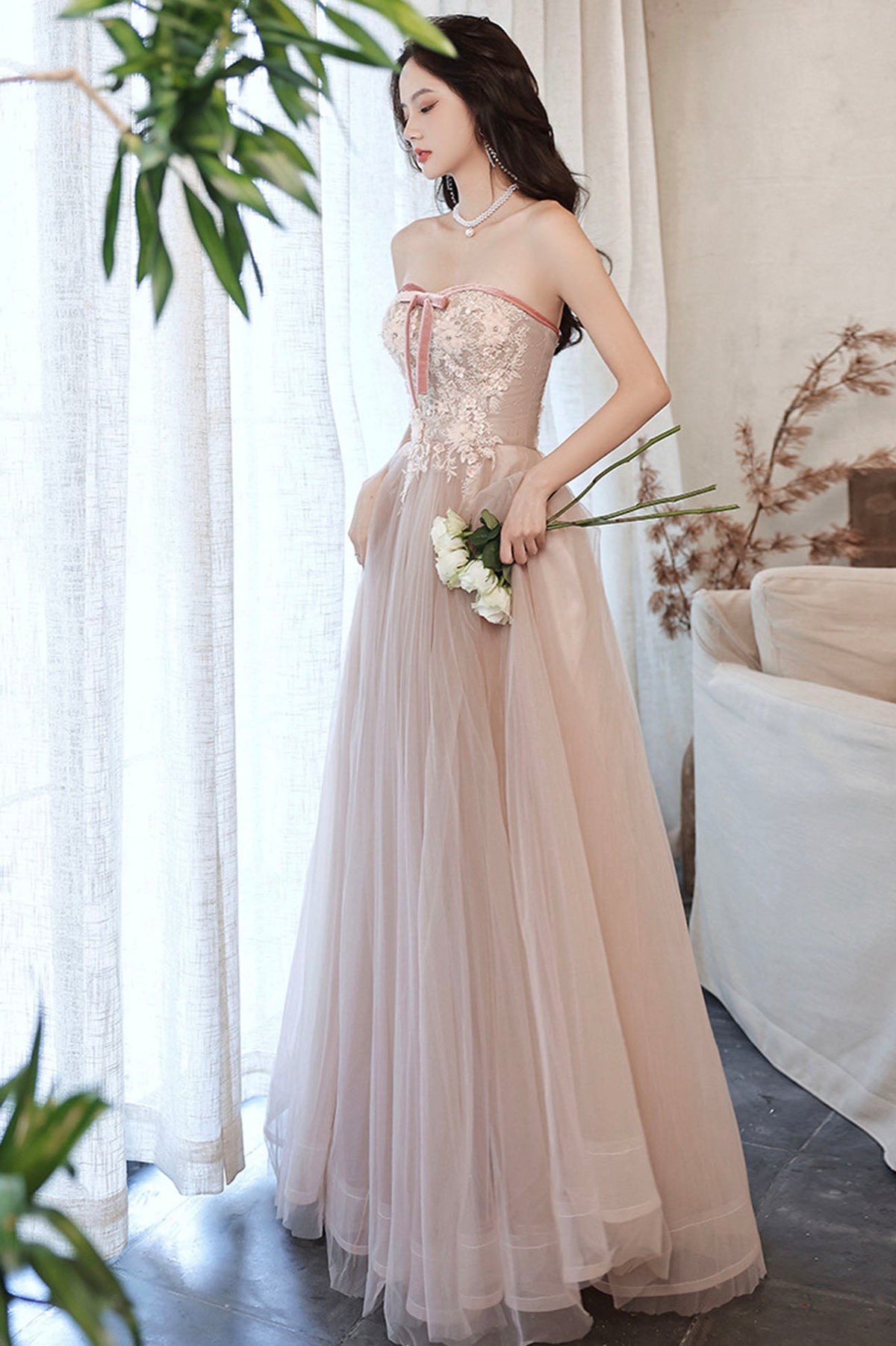 solvbao Pink Strapless Lace Long Prom Dresses, A-Line Evening Dresses