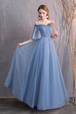 solvbao Blue Tulle Long Prom Dresses, A-Line Bridesmaid Dresses