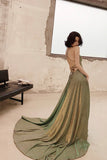 solvbao Green A-Line Backless Long Prom Dresses, Evening Dresses