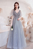 solvbao Gray V-Neck Tulle Sequins Long Prom Dresses, A-Line Evening Dresses