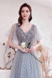 solvbao Gray V-Neck Tulle Sequins Long Prom Dresses, A-Line Evening Dresses