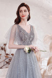 solvbao Gray V-Neck Tulle Sequins Long Prom Dresses, A-Line Evening Dresses