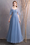 solvbao Blue Tulle Long Prom Dresses, A-Line Bridesmaid Dresses