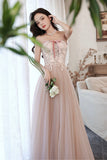 solvbao Pink Strapless Lace Long Prom Dresses, A-Line Evening Dresses