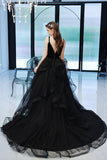 solvbao Black Tulle Lace Long Prom Dress, A-Line Evening Dress