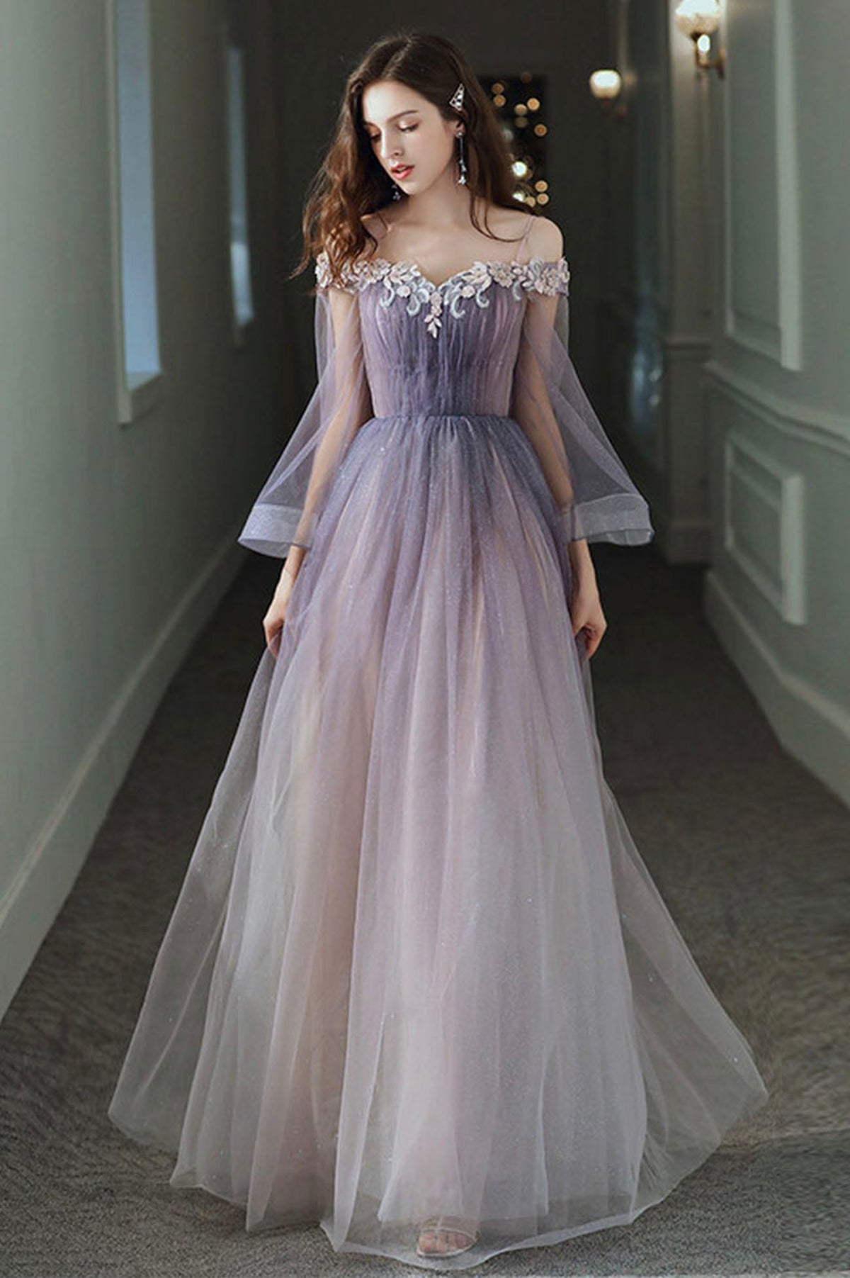 solvbao Purple Tulle Lace Long Prom Dress, Ombre Tulle Evening Dress