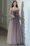 solvbao Purple Tulle Lace Long Prom Dress, Ombre Tulle Evening Dress