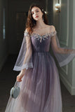 solvbao Purple Tulle Lace Long Prom Dress, Ombre Tulle Evening Dress