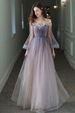 solvbao Purple Tulle Lace Long Prom Dress, Ombre Tulle Evening Dress