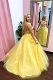 solvbao Yellow Tulle Lace Long Prom Dresses, A-Line Backless Evening Dresses