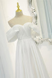 solvbao White Satin Long Prom Dress, Off the Shoulder Evening Dress