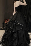 solvbao Black Tulle Long A-Line Prom Dress, Black Evening Party Dress