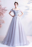 solvbao Gray Tulle Off the Shoulder Prom Dress, A-Line Evening Dress