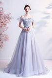 solvbao Gray Tulle Off the Shoulder Prom Dress, A-Line Evening Dress