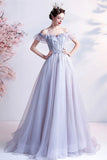 solvbao Gray Tulle Off the Shoulder Prom Dress, A-Line Evening Dress