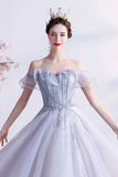 solvbao Gray Tulle Off the Shoulder Prom Dress, A-Line Evening Dress