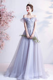 solvbao Gray Tulle Off the Shoulder Prom Dress, A-Line Evening Dress