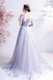 solvbao Gray Tulle Off the Shoulder Prom Dress, A-Line Evening Dress