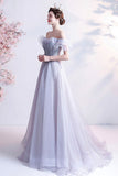 solvbao Gray Tulle Off the Shoulder Prom Dress, A-Line Evening Dress