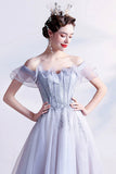 solvbao Gray Tulle Off the Shoulder Prom Dress, A-Line Evening Dress